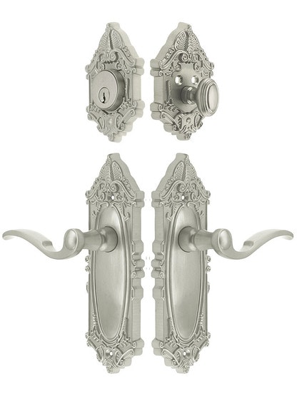 Grandeur Grande Victorian Entrance Door Set, Keyed Alike with Bellagio Levers in Satin Nickel.
